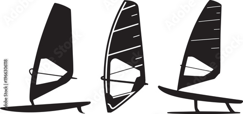 Set of Windsurfing Sails and Boards Vector Silhouettes for Extreme Water Sports Graphic Design