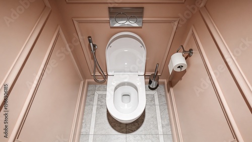 Top view of modern toilet bowl with bidet shower, toilet paper holder and brush in minimal bathroom interior. Clean sanitation, hygiene and plumbing concept.