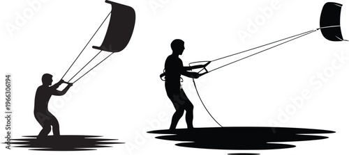 Vector Silhouette Illustration of a Kitesurfer Riding Waves During an Extreme Water Sports Even