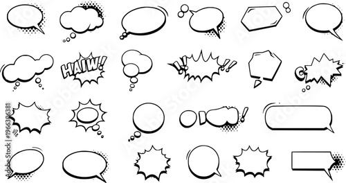Comic Speech Bubbles Vector Set: Black  White Cartoon Style Dialogue Balloons  Thought Clouds for Superhero Design Elements