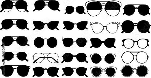 Set of Various Modern and Classic Sunglasses and Eyeglasses Designs, Black Silhouettes and Outline Frames, Diverse Eyewear Collection for Fashion and Optical Needs