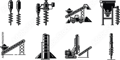 Construction and drilling machinery icon set featuring auger drills, excavator, conveyor system and industrial equipment, black and white engineering illustration isolated design