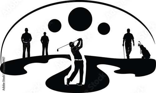 Golf player silhouette swinging club on course with other golfers, abstract design, sports concept, minimal vector illustration for recreation themes