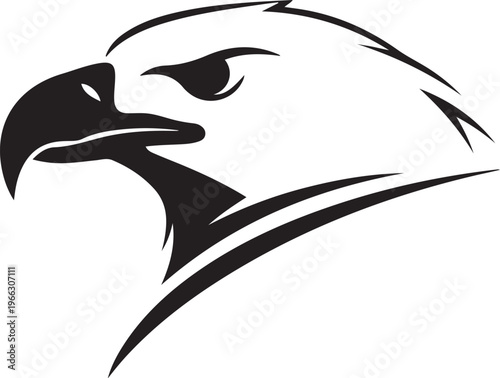 Black and white eagle head illustration with sharp beak and gaze