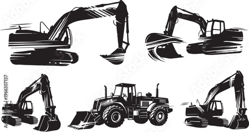 Heavy machinery excavators and tractors in black and white illustrations set