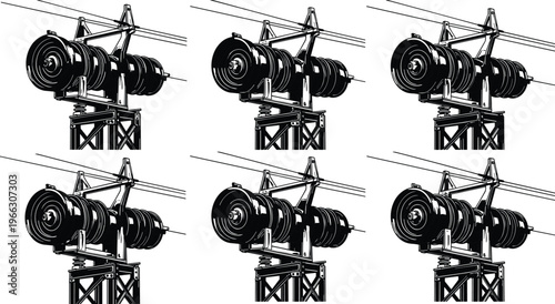 High voltage power line insulators and electrical transmission equipment illustration set, black and white industrial energy infrastructure components isolated on clean background