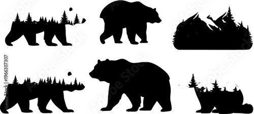 Wildlife Silhouette Collection: Bears, Mountains, and Forests in Vector Art
