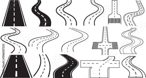 Various Roadways and Highways in Black and White Illustrations