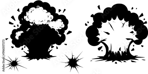 Black and white cartoon explosion and impact effects vector set