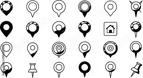 Hand Drawn Grunge Map Pin Icons Set. Black and White Location Markers, Pointers, Thumbtacks, and Home Symbol. Vector Collection for Navigation and UI Design.