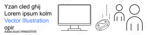 Ecommerce, online activity, financial exchange, digital services, user interaction, currency. Minimalist line art showing a monitor, two human figures and a coin. Ecommerce and online activity