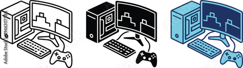 Isometric gaming computer setup icons showing a monitor keyboard and controller in various styles.