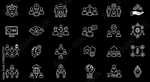 Community, Social Networking  Business Line Icons Set: Teamwork, Communication, Global Connections