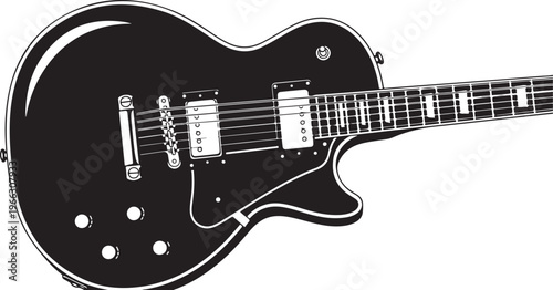 Black electric guitar with white accents and fretboard illustration