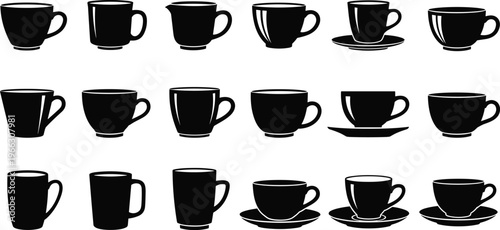 Silhouette coffee mugs and teacups collection, beverage container illustration, drinkware design variety, black cup shapes, kitchen utensil, tea coffee art