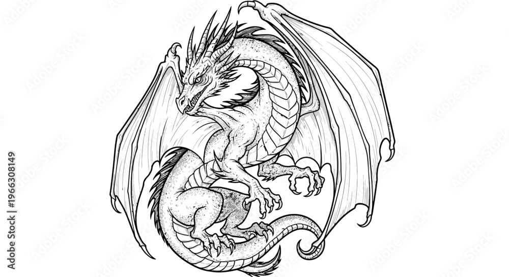 Fototapeta premium Detailed dragon illustration with wings and scales in black and white