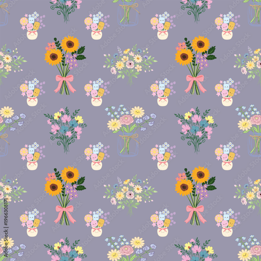 Fototapeta premium Cute Floral Seamless Pattern with Sunflowers Bouquets and Sweet Elements on Pastel Background for Fabric and Kids Design 