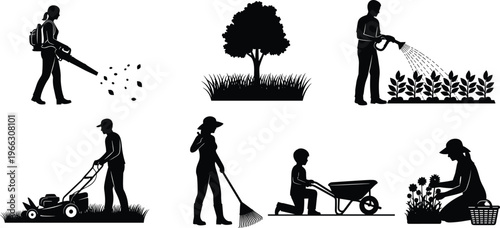 Silhouette gardening activities with leaf blower, watering plants, lawn mowing, sweeping, planting, teamwork, child with wheelbarrow, tree care, yard maintenance illustration