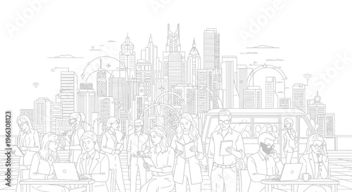Urban scene illustration diverse group interacting with cityscape background