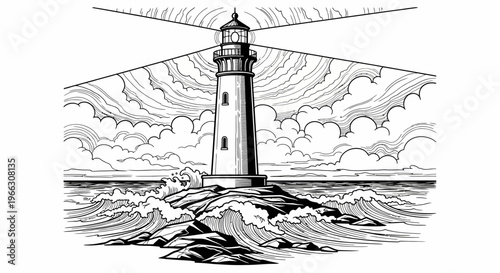 Coastal lighthouse illustration shining beam over waves and sky black and white