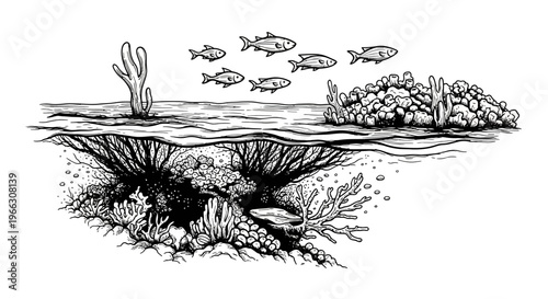 Underwater ecosystem illustration showing diverse marine life and coral