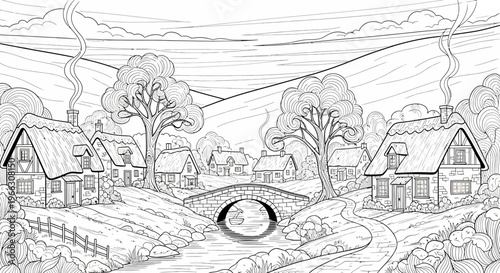 Black and white rural village scene with bridge river trees and houses