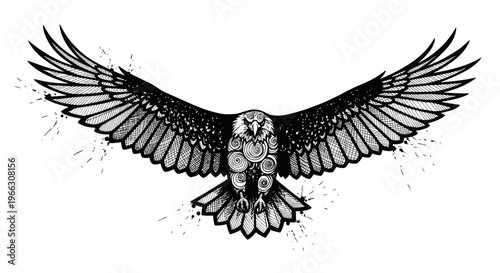 Soaring eagle illustration with detailed feathers isolated on white background