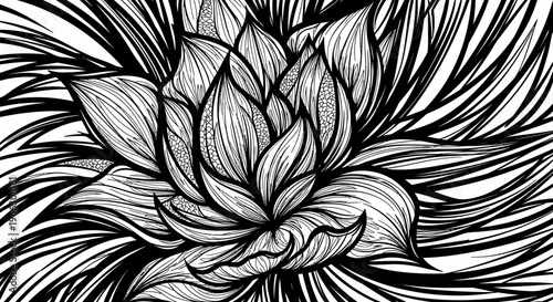 Intricate black and white floral illustration with detailed lines and patterns