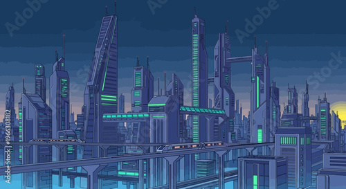 Futuristic cityscape with high rise buildings and technological infrastructure