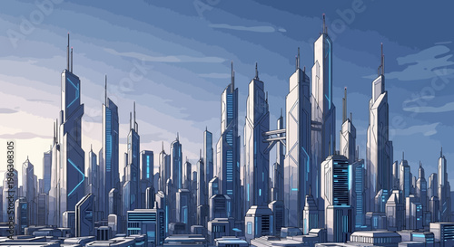 Futuristic cityscape with towering buildings and modern architecture