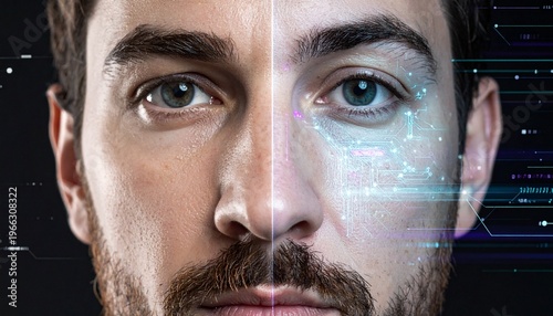 Man with Half Face Tech Display Close Up Portrait