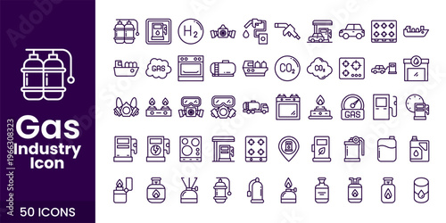 Gas and Oil Industry Icon Set with Fuel, Refinery, Pipeline, and Industrial Energy Vector Collection