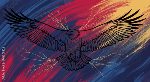 Eagle illustration soaring against colorful background artistic graphic design