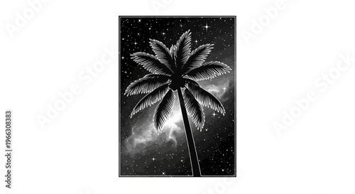 Silhouette of a palm tree against a starry sky illustration design