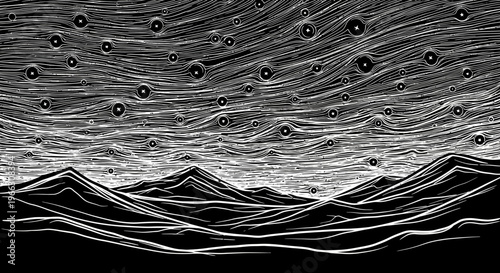 Abstract illustration of mountain landscape with flowing lines and orbs