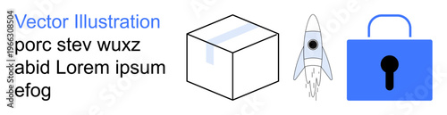 Innovation, security, shipping, technology, protection, exploration. Minimalist rocket, box and padlock graphics. Innovation and security of creativity and protection