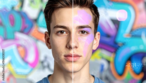 Teen with Half Geometric Face Paint on Graffiti Wall
