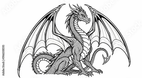 Detailed illustration of a mythical dragon with outspread wings in a resting pose