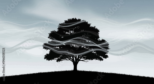 Silhouette of a tree against a cloudy sky with flowing lines illustration