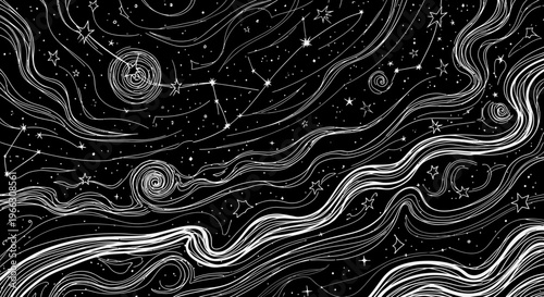 Abstract celestial illustration with swirling lines and constellations on dark backdrop