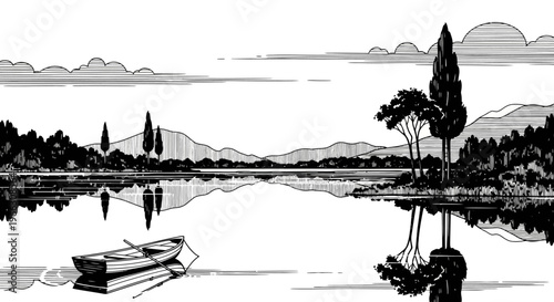 Tranquil lake scene with boat and reflections in a serene natural environment