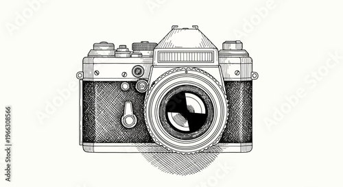 Vintage camera illustration detailed hand drawn artwork on white background