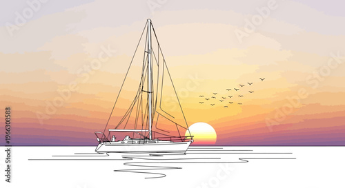 Sailboat silhouette at sunset scenic ocean view with birds and sky