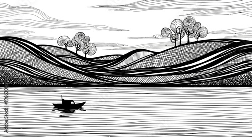 Ink illustration of scenic landscape with boat on water and rolling hills