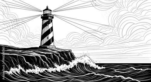 Striking black and white lighthouse on rocky coastline guiding safe passage