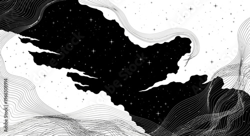 Abstract illustration of swirling lines forming a night sky with stars
