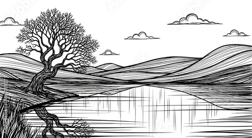 Ink illustration of a serene lakeside landscape with rolling hills and clouds