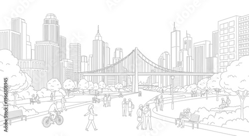 Urban park scene with people bridge and skyscrapers line art illustration