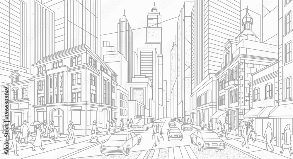 Fototapeta premium Urban street scene illustration with buildings and vehicles in grayscale