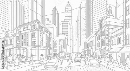 Urban street scene illustration with buildings and vehicles in grayscale